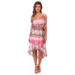 NEW LAmade 100% Silk Hi Low Ruffle Dress Tribal Print XS